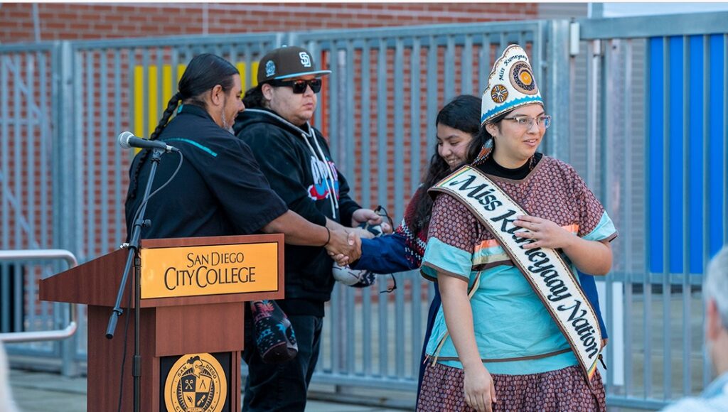 Photo of Kumeyaay Nation Bird Singers and Miss Kumeyaay take part in City College’s Land Celebration event at the start of 2023